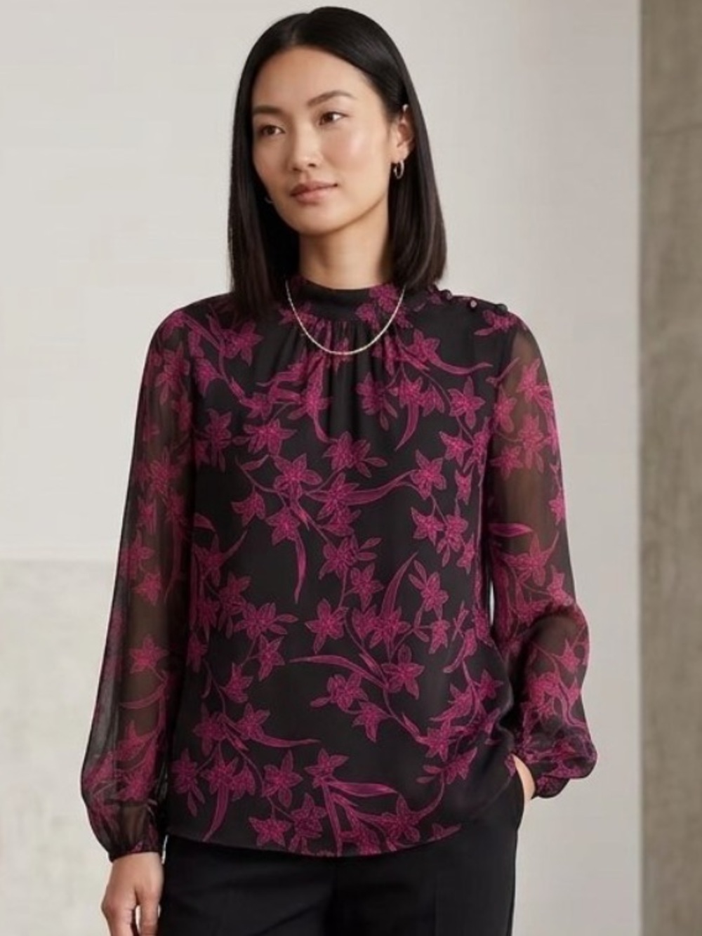 Vince Camuto Black Blouse with Fuchsia Floral Print
Medium
